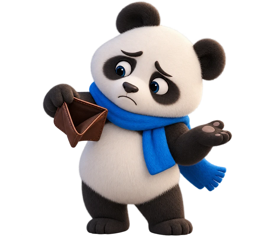Panda looking at an empty wallet